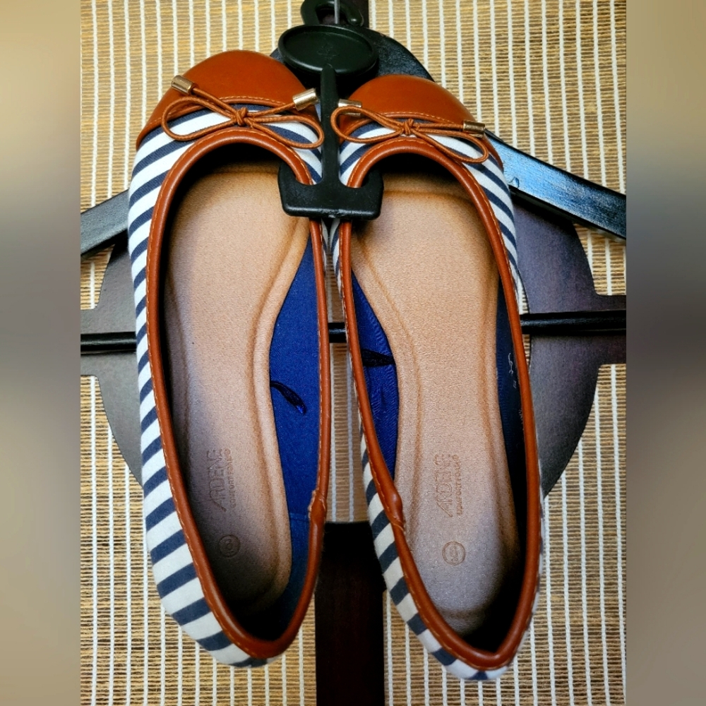 Gray and White Flats with Nautical Stripes And Brown Faux Leather Toe Detail
